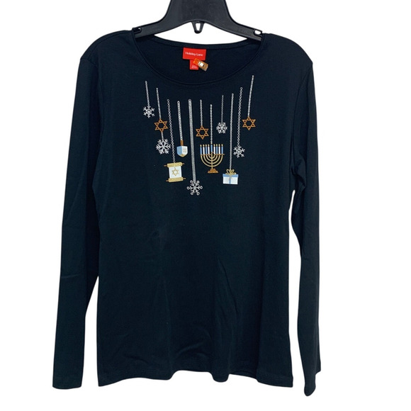 NWT New Holiday Lane Womens XXL Hanukkah Holiday Long Sleeve Black Tee Shirt - Picture 1 of 5